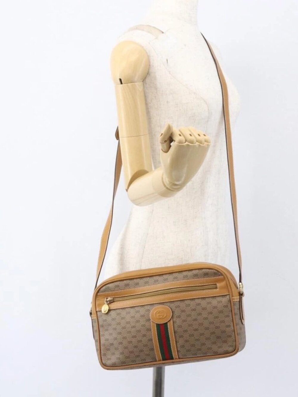 GUCCI Micro GG Supreme Web Sherry Line Bag PVC Beige 001 113 0942 Auth ki6329